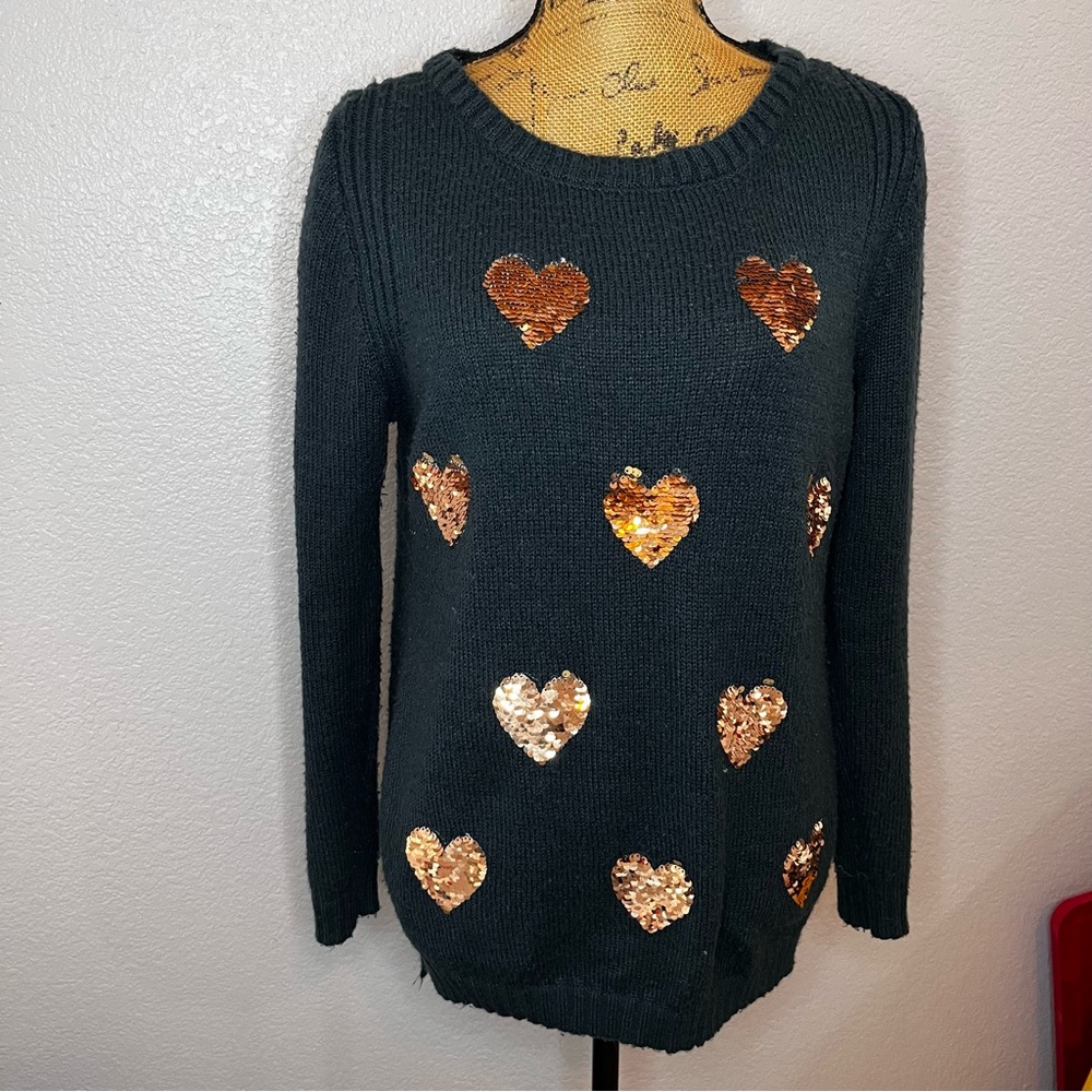 Lauren Conrad Womens Sweater Long Sleeve Dark Teal Gold Sequin Hearts Size M!